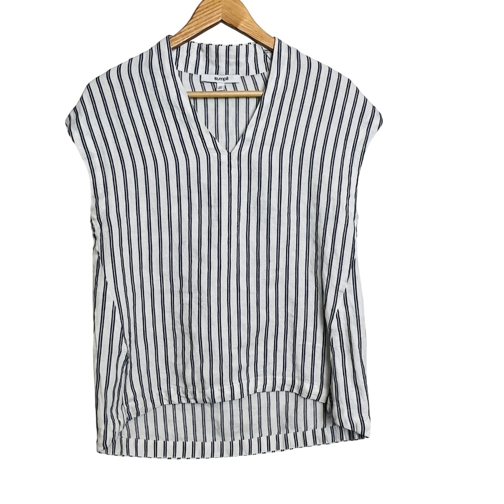 Sympli Womens XS 100% Linen Striped V-Neck‎ Sleeveless Blouse White Navy Blue